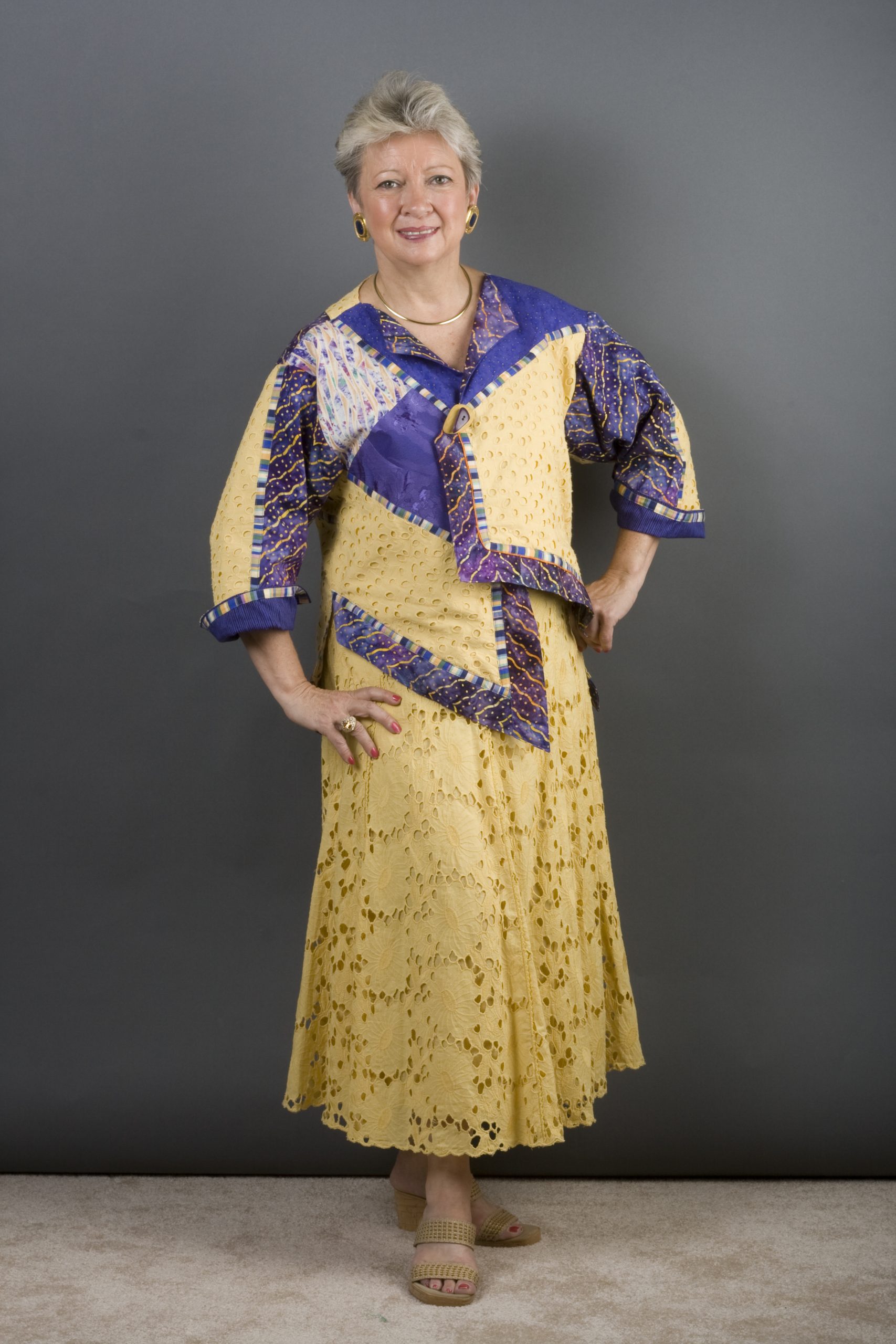 hand pieced designer top with diagonal hemlines
